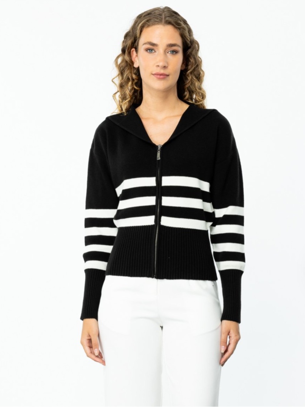 Black & White Striped Zip-Front Sweater